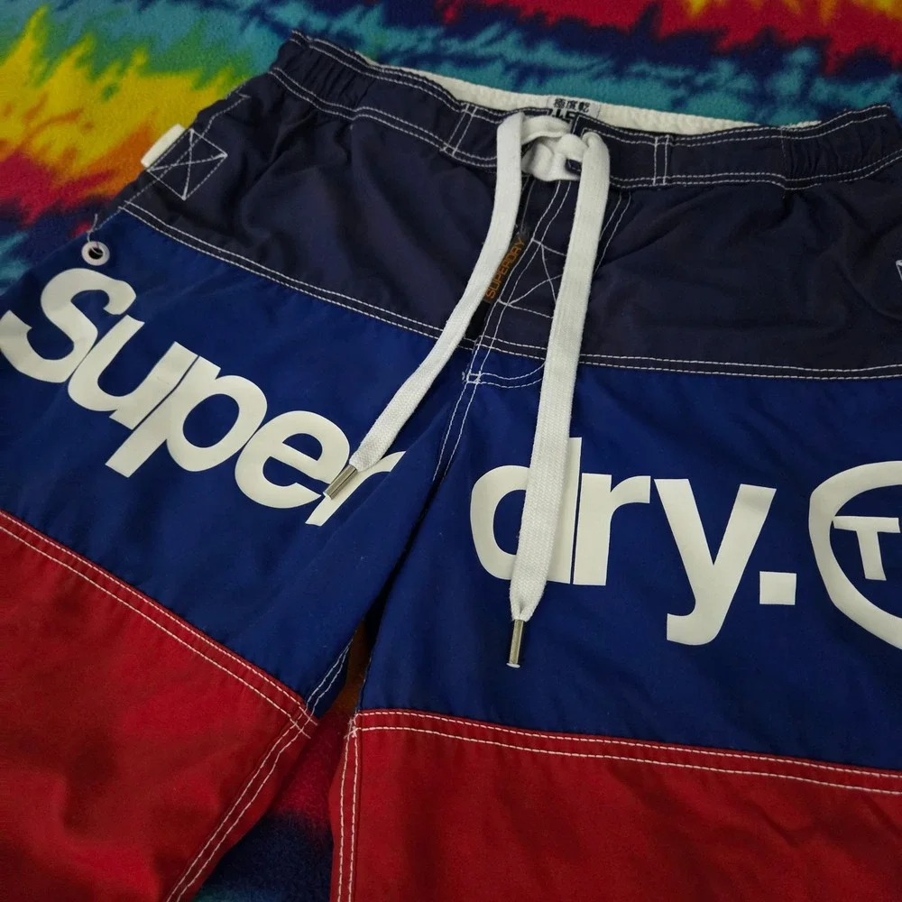 Superdry Mens XL Swim Trunks Colorblock Board Shorts Navy Blue Red Logo Cargo